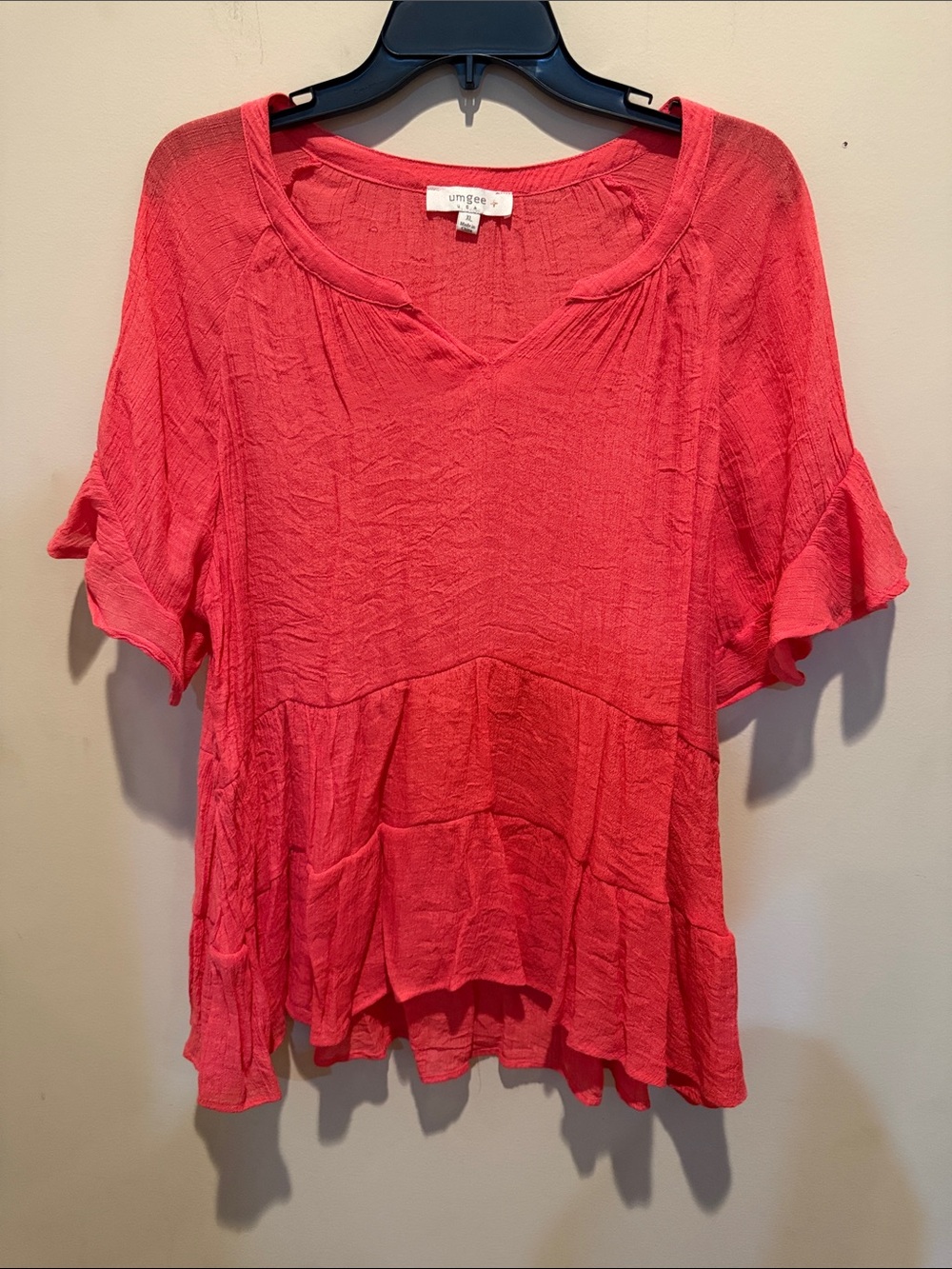 Umgee Coral-Pink Crinkle Short Ruffle Sleeve Tunic